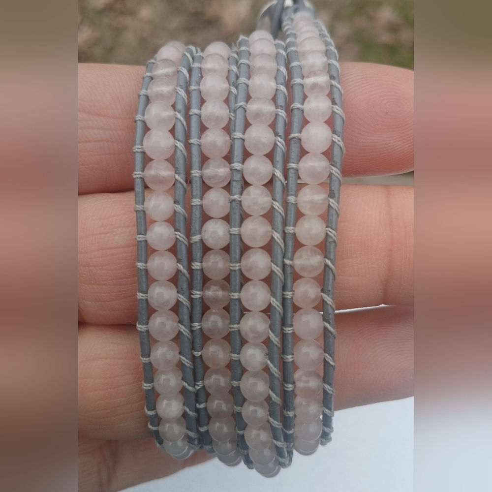 Lulu Dharma Grey Leather Glass Beaded Wrap Bracelet